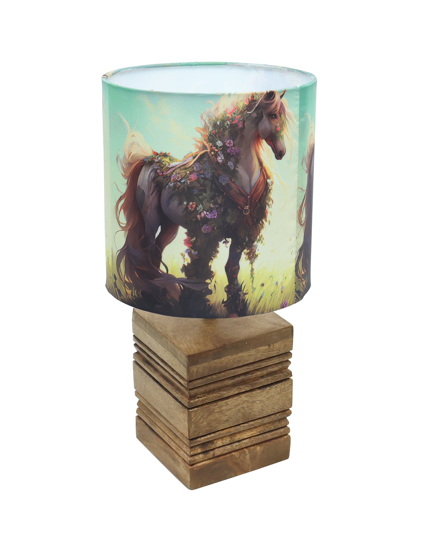 Wood Table Lamp, Modern Base Fabric Lampshade for Home Office Cafe Restaurant, Rib Cube