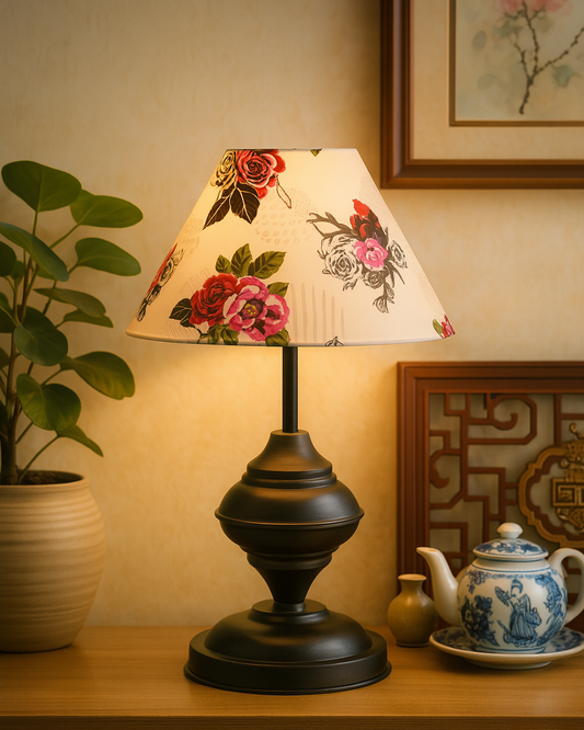 Black Metal Urn Table Lamp with Fabric Shade, B22 holder Nightstand Lamp