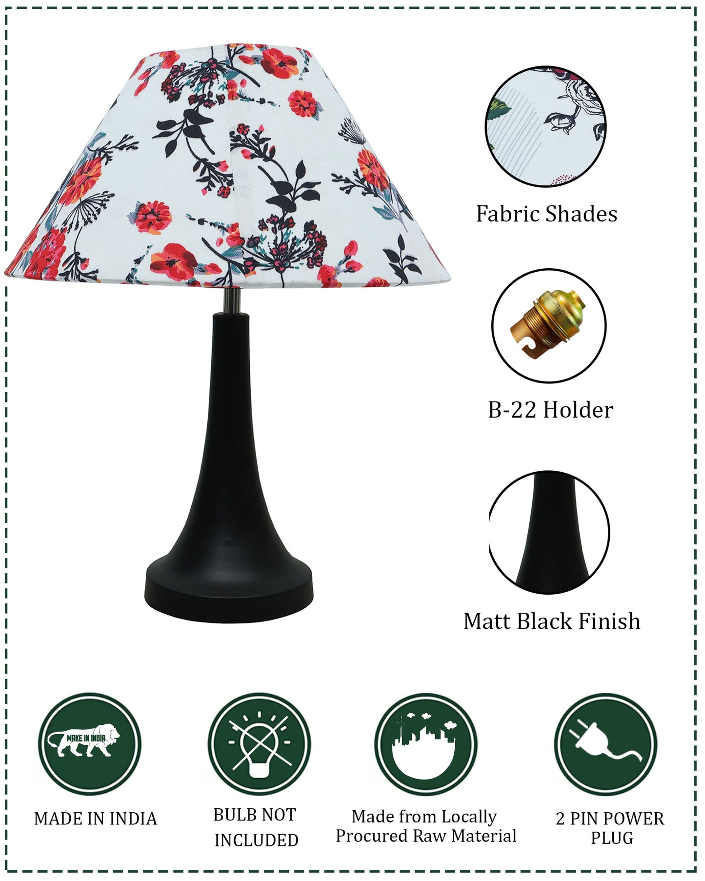 Black Metal Cone Table Lamp with Fabric Shade, B22 holder Nightstand Lamp