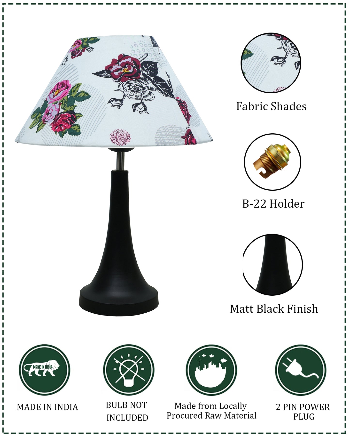 Black Metal Cone Table Lamp with Fabric Shade, B22 holder Nightstand Lamp