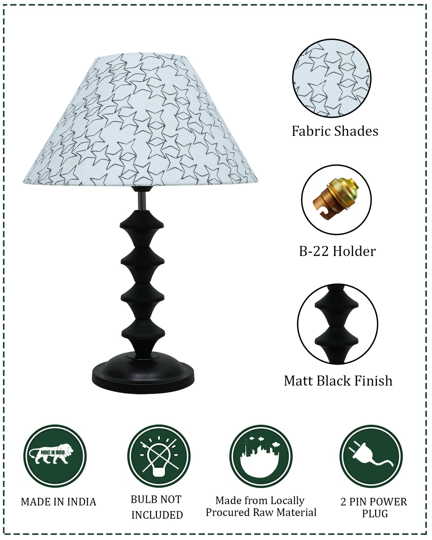 Black Metal Table Lamp with Fabric Shade, B22 holder, Pillar