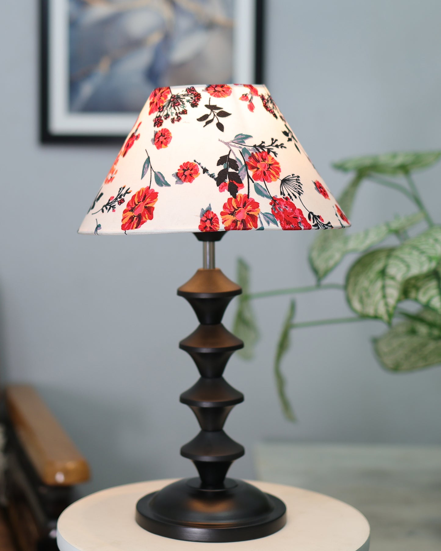 Black Metal Table Lamp with Fabric Shade, B22 holder, Pillar