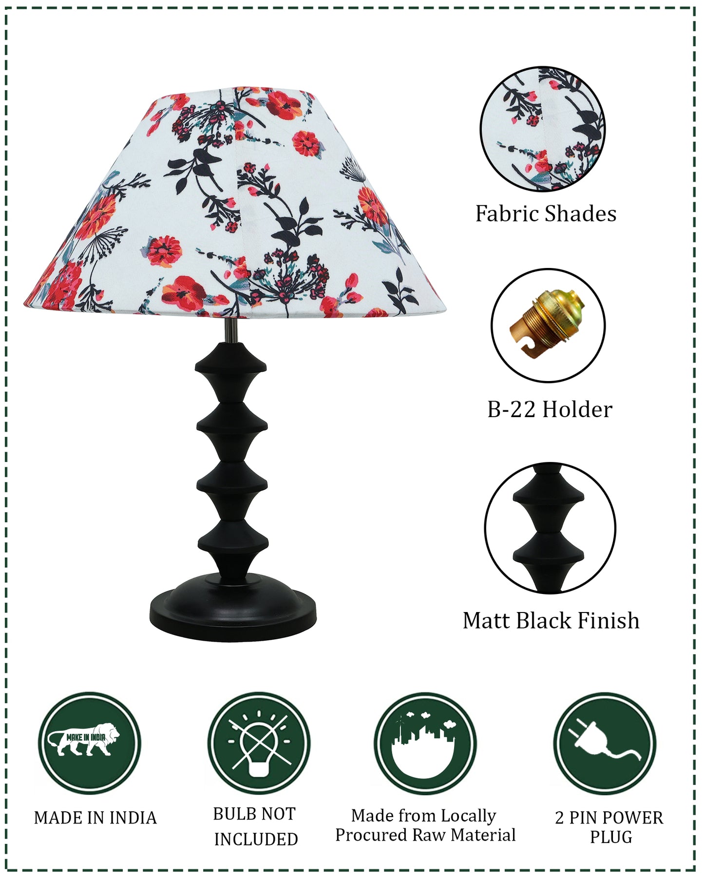 Black Metal Table Lamp with Fabric Shade, B22 holder, Pillar