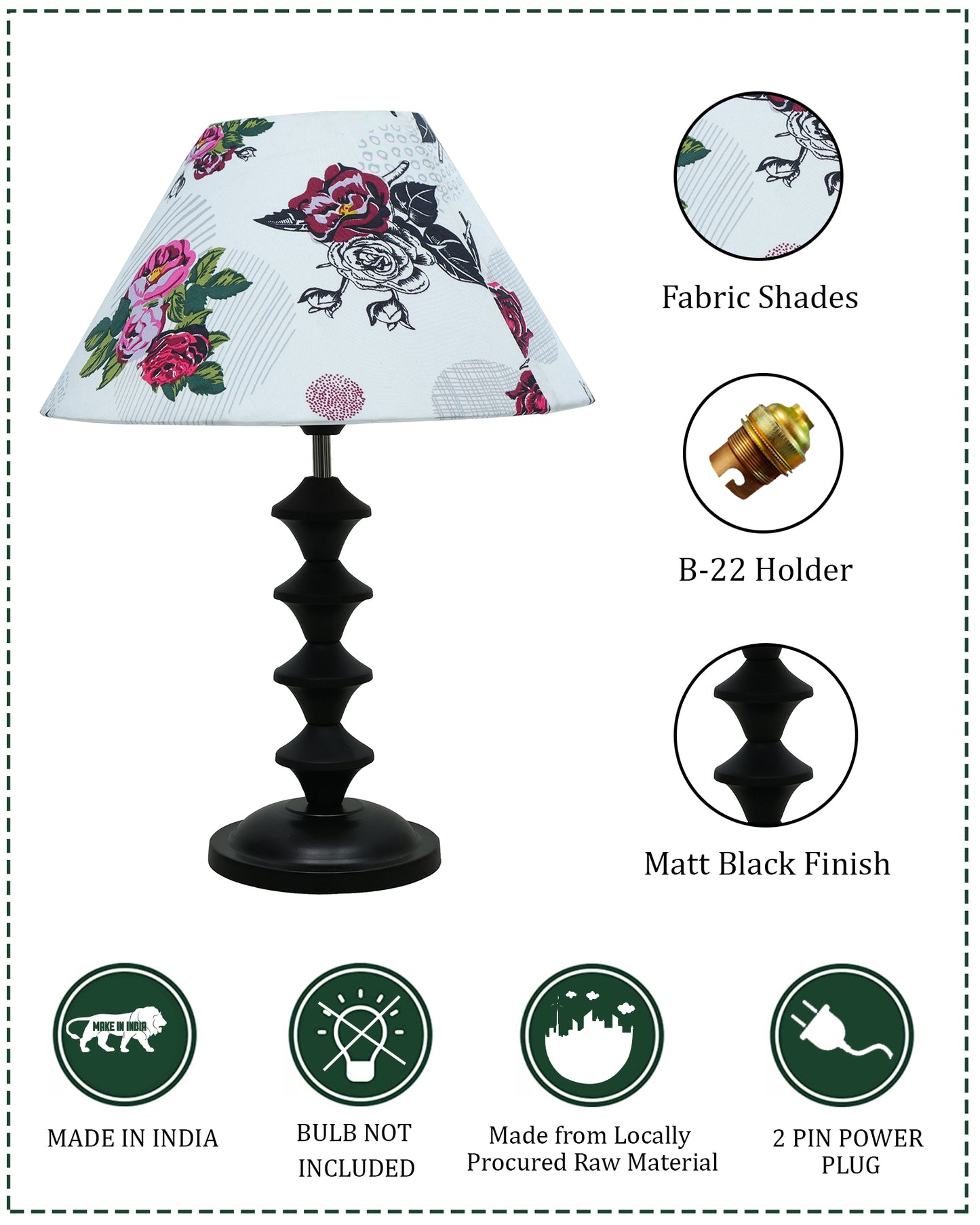 Black Metal Table Lamp with Fabric Shade, B22 holder, Pillar