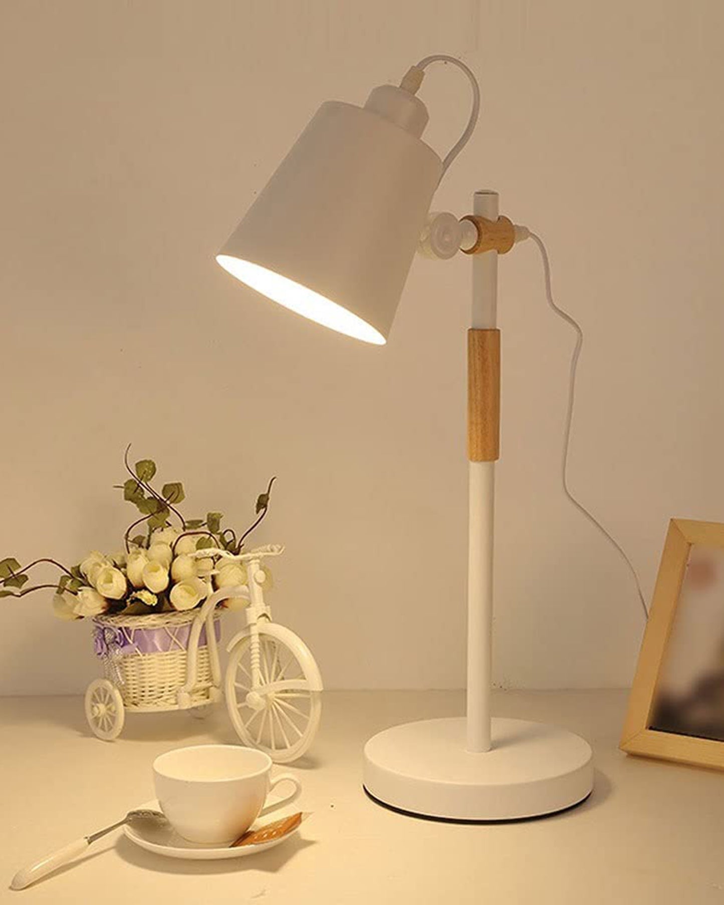 Nordic Style Metal Desk Lamp ,Modern Minimalist Adjustable Reading Lamp with Solid Natural Wood