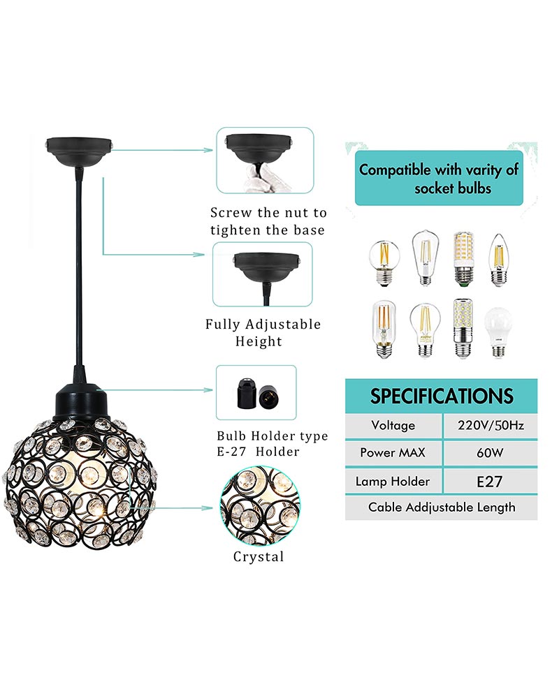 Crystal hanging light, ceiling lamp, Nordic E27 pendant, Dual Crystal Half Globe
