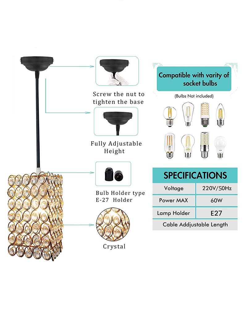 Glossy Golden Crystal hanging light, ceiling lamp, Nordic E27 pendant, Dual Ring Triangle