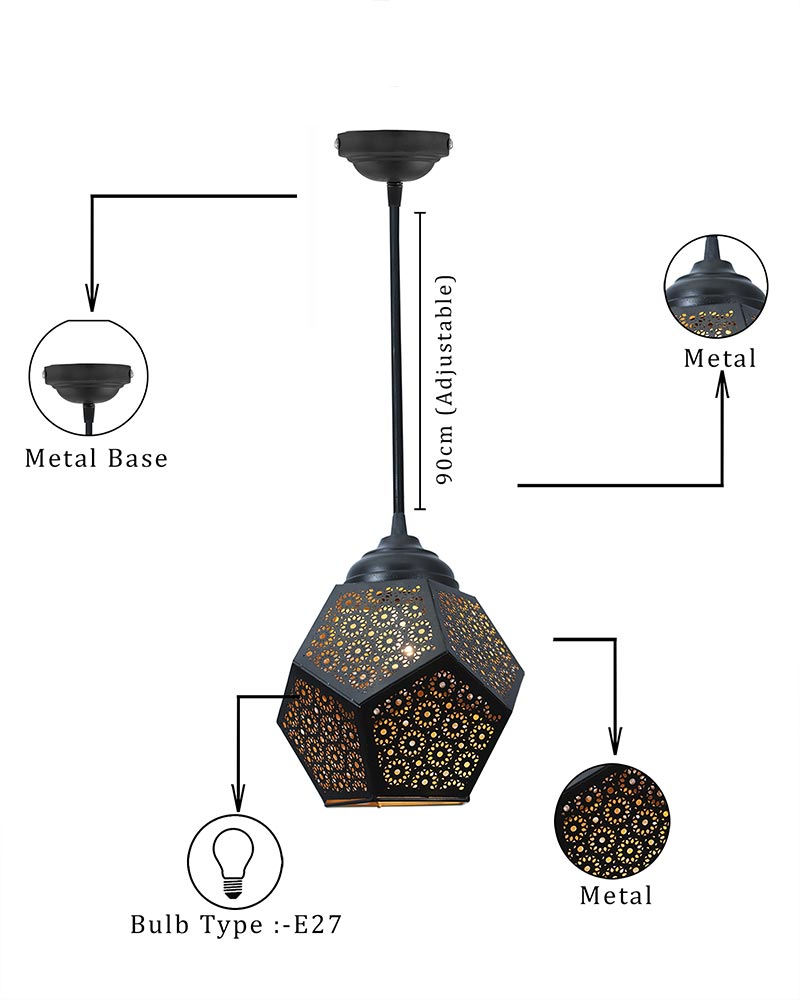 Metal Etched Pendant Light, Do Decahedron , E27 Black Golden