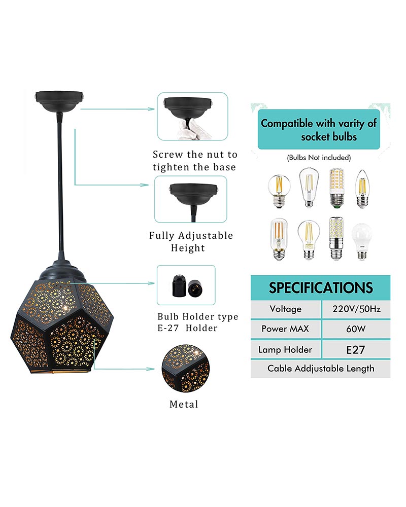 Metal Etched Pendant Light, Do Decahedron , E27 Black Golden