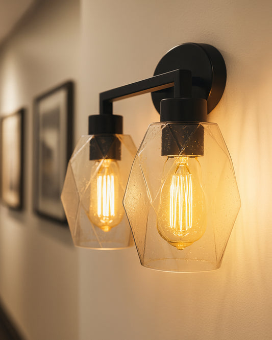 2-Light Wall Sconce Vanity Lighting Bathroom Lamp in Black with Hexa Glass Shades Wall Mounted Light Fixtures for Bedroom Stairs and Kitchen