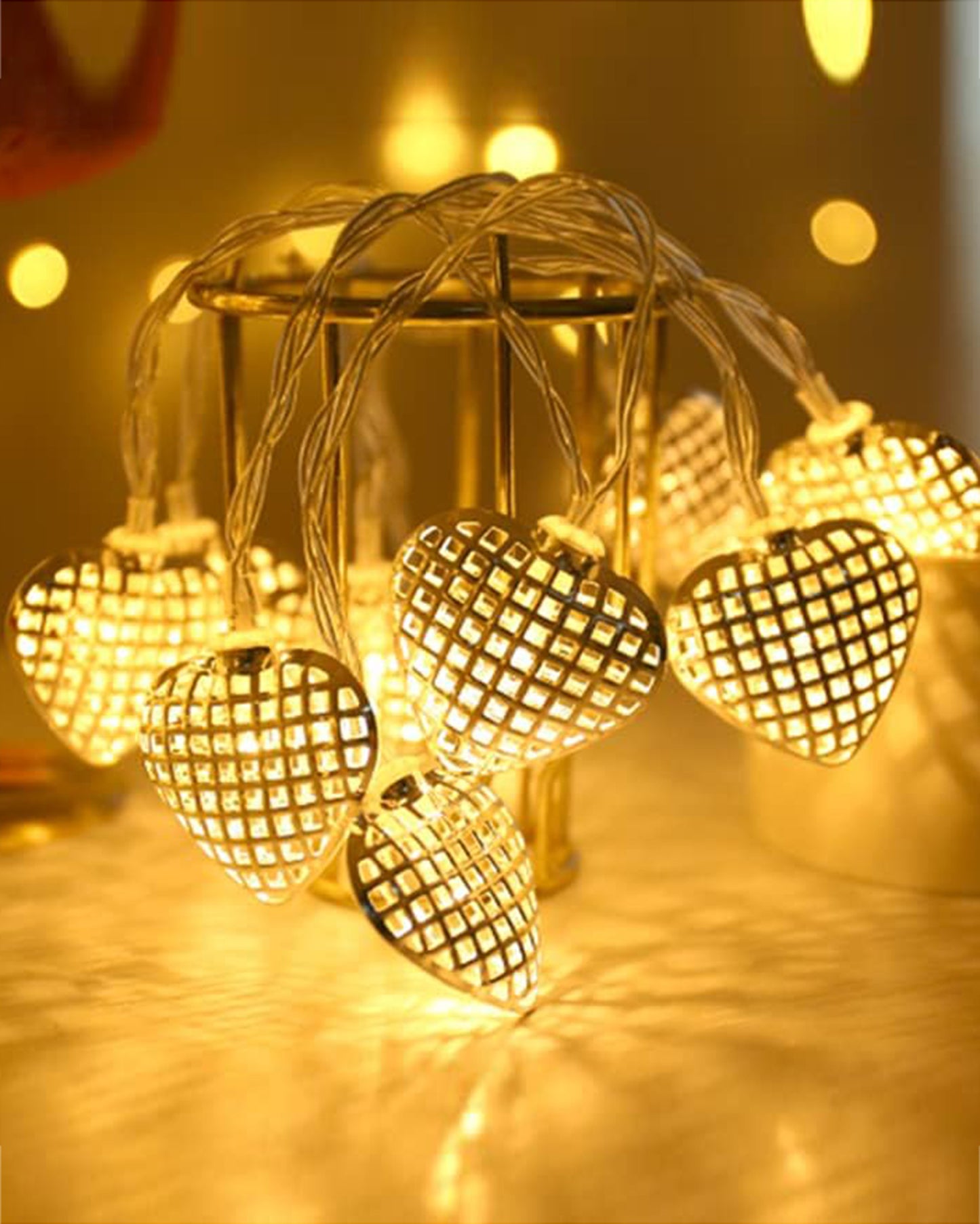 String Lights, Moroccon Copper Lights 5M 14LED Indoor Outdoor Fairy Globe String Lights,for Garden,Diwali,Christmas,Wedding,Home, Party Decoration (Warm White), Golden Heart