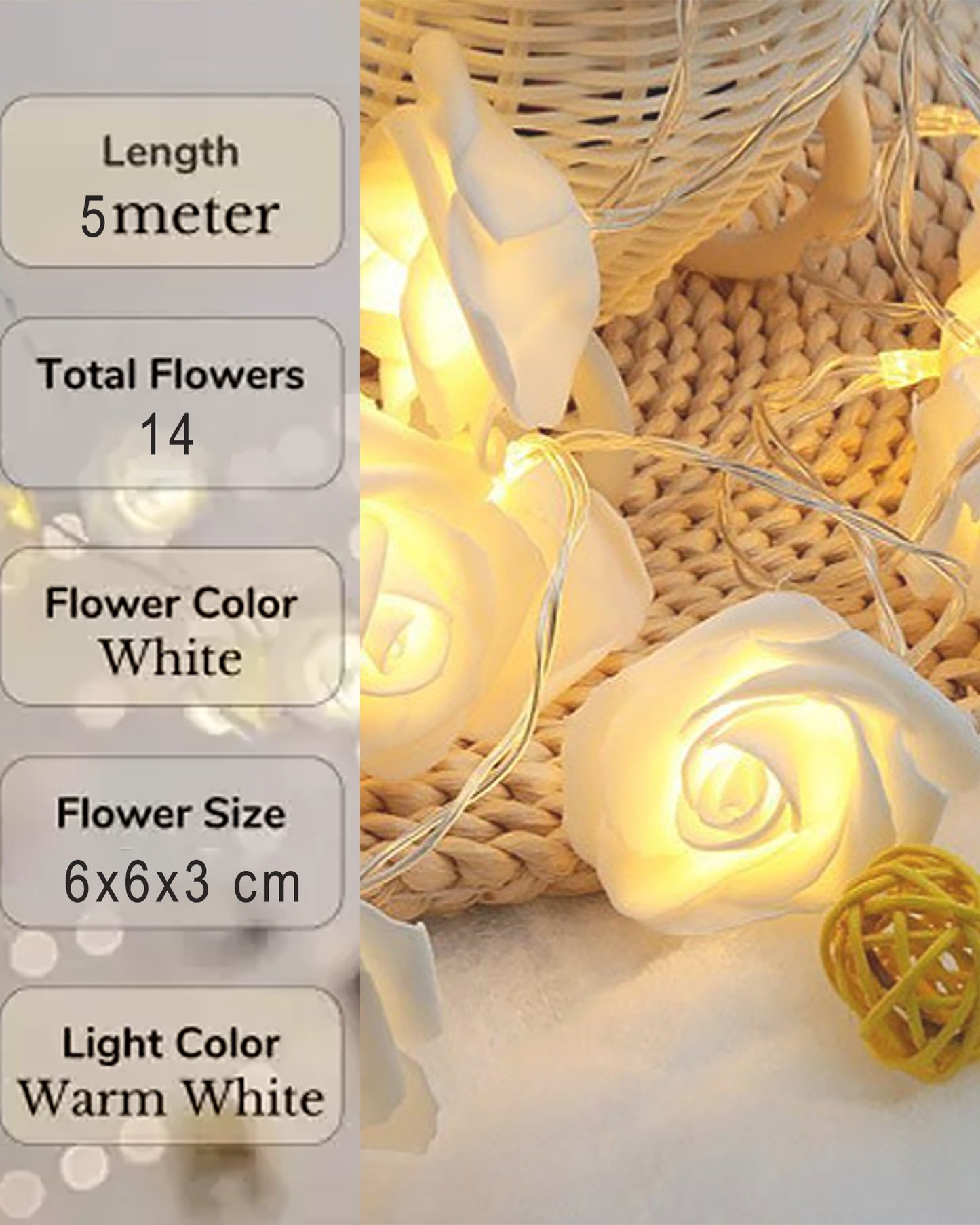 Warm White Rose String Lights 5M 14LED Indoor Outdoor Fairy Globe String Lights