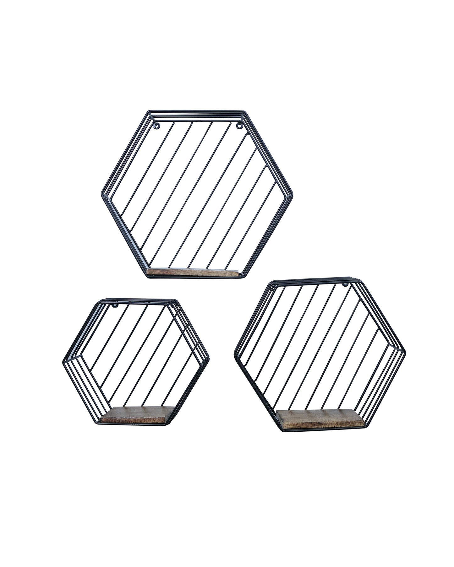 Industrial Black Wall Mounted Honeycomb Floating Shelves Set of 3 Decorative Hexagon Metal Wire Shelves – Large, Medium Small - Modern Shelves for Home, Office- Rustic Brown