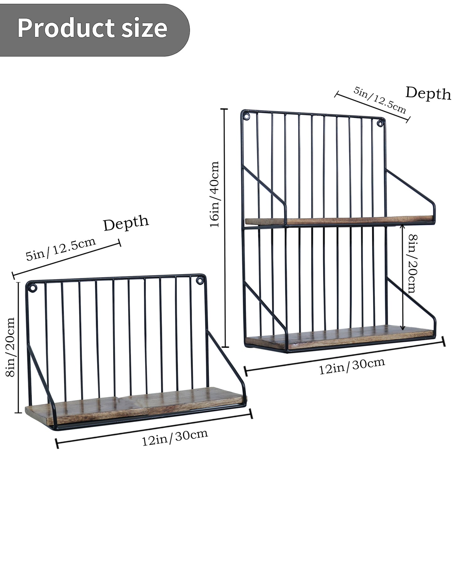 Metal Iron Wall Mount Shelf Bookshelf Floating Storage Rack Organization for Kitchen Bedroom Home Decor Kid Room DIY Wall Decorations Plants Holder with Wood Base, Single Double