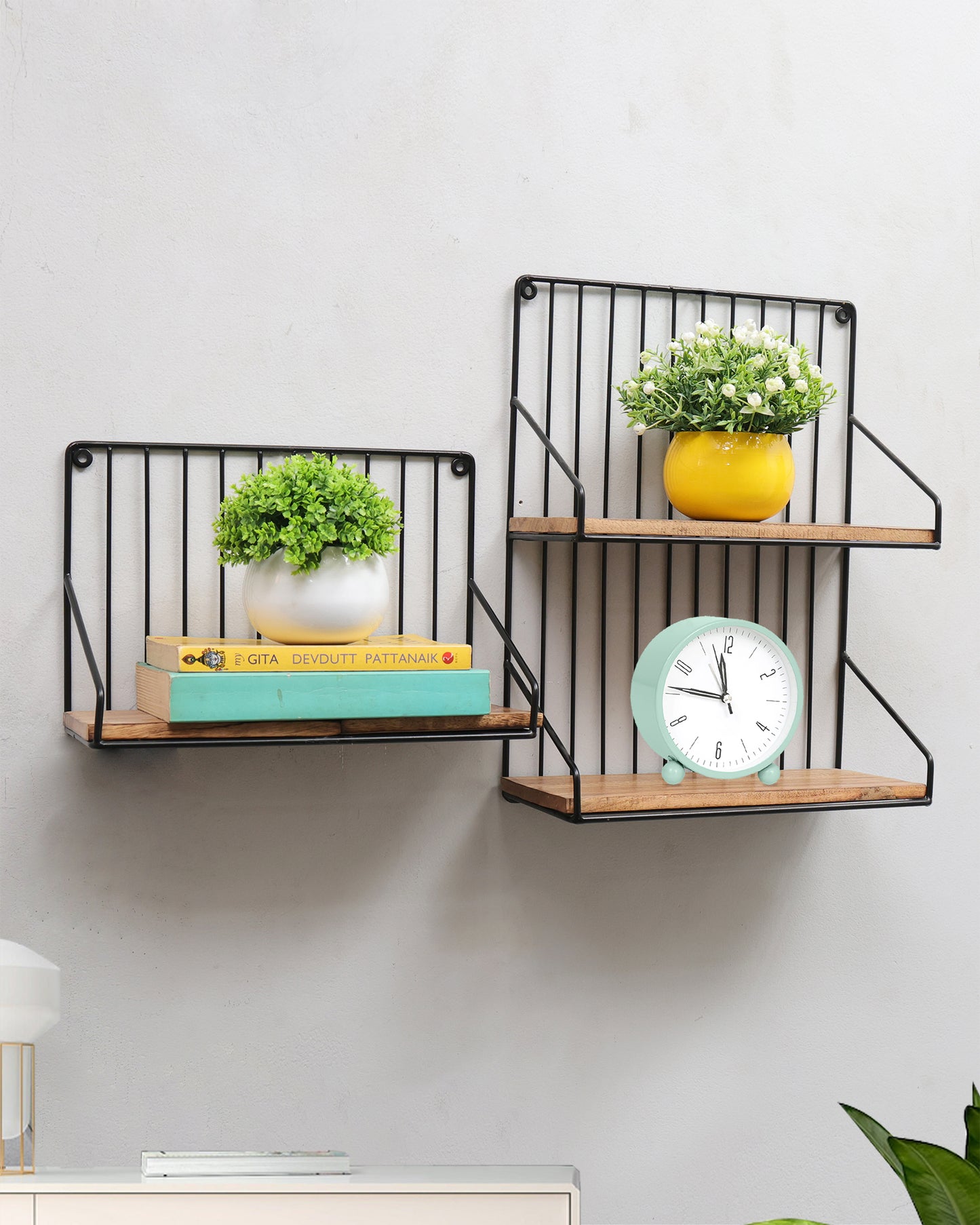Metal Iron Wall Mount Shelf Bookshelf Floating Storage Rack Organization for Kitchen Bedroom Home Decor Kid Room DIY Wall Decorations Plants Holder with Wood Base, Single Double