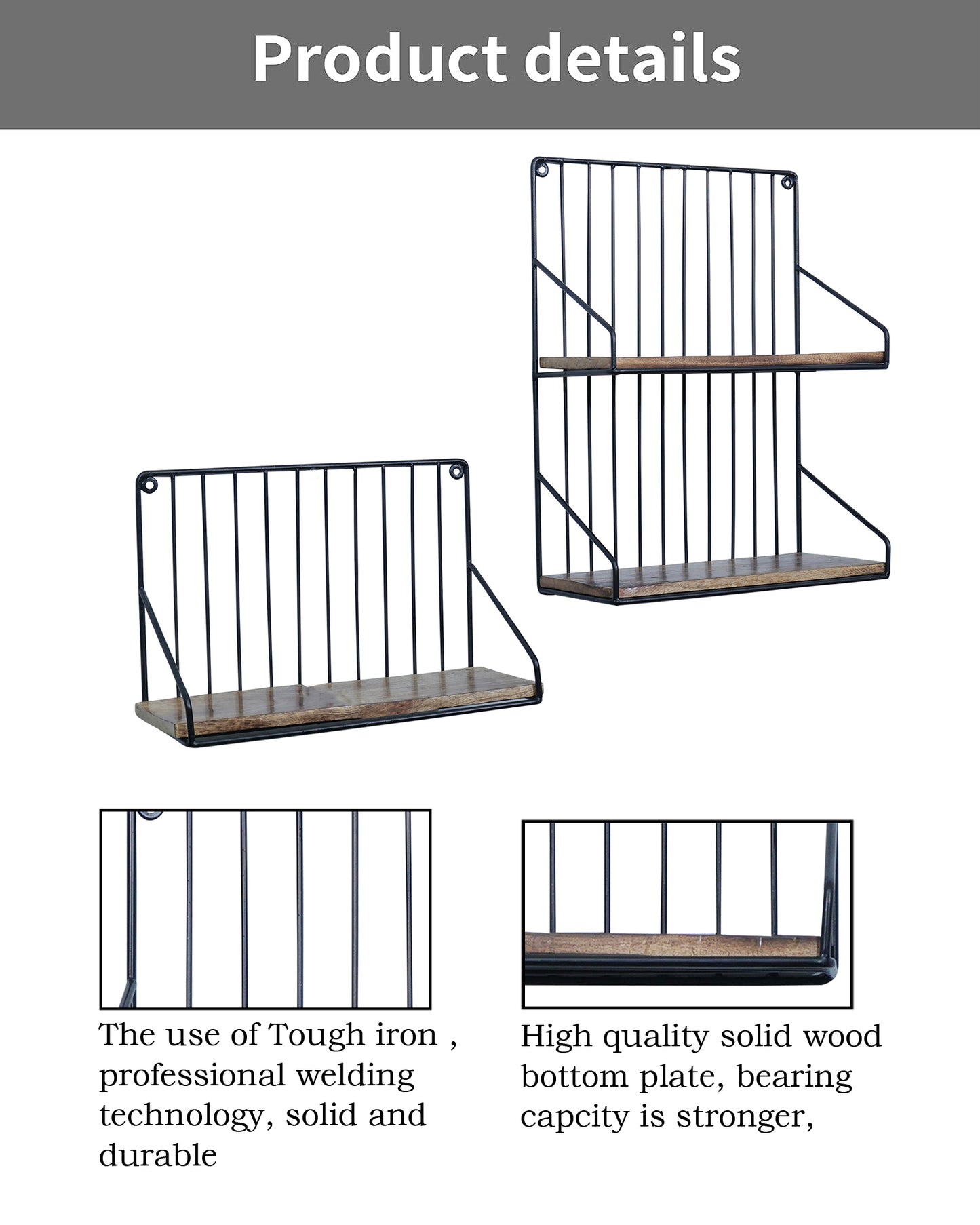 Metal Iron Wall Mount Shelf Bookshelf Floating Storage Rack Organization for Kitchen Bedroom Home Decor Kid Room DIY Wall Decorations Plants Holder with Wood Base, Single Double