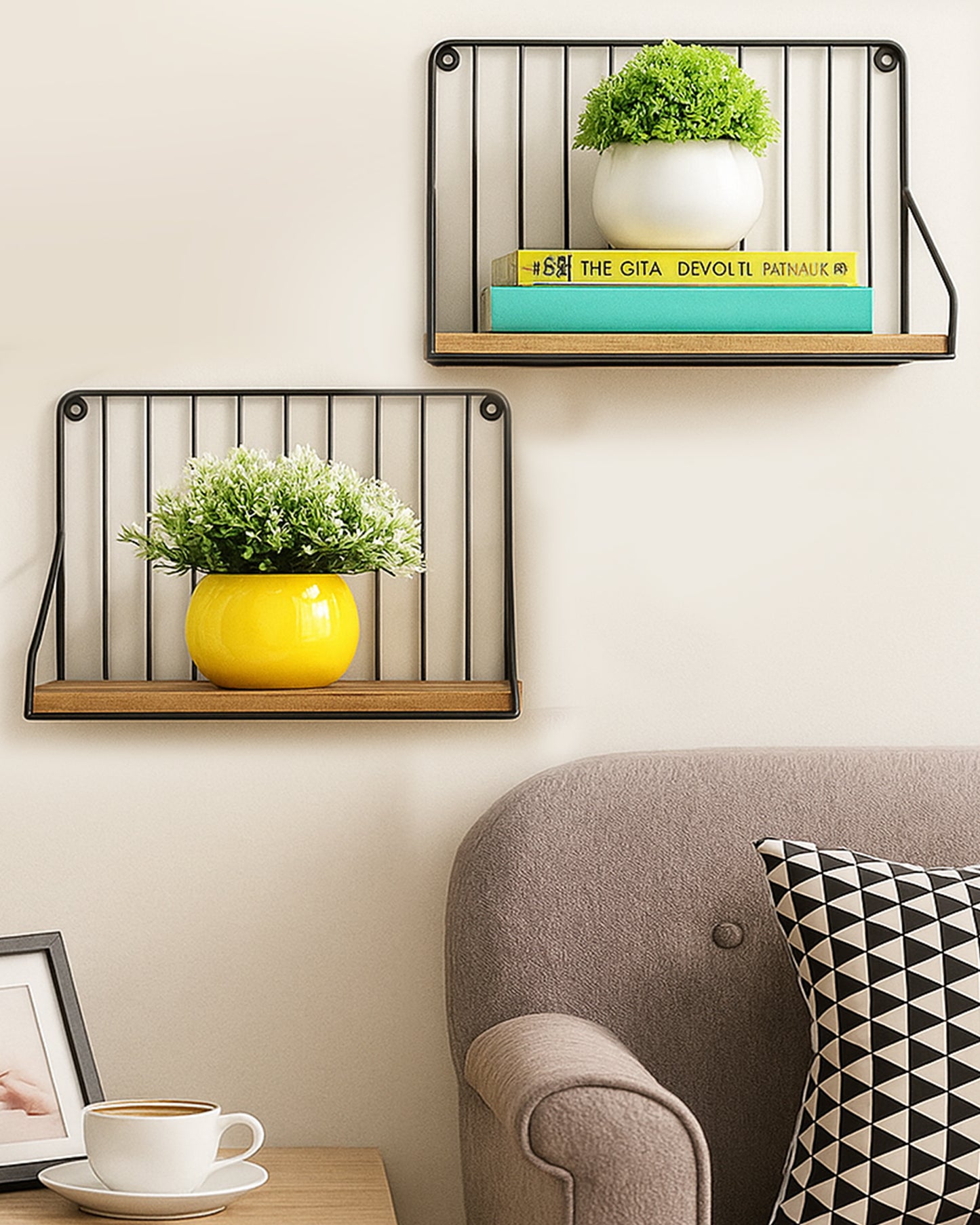 Metal Iron Wall Mount Shelf Bookshelf Floating Storage Rack Organization for Kitchen Bedroom Home Decor Kid Room DIY Wall Decorations Plants Holder with Wood Base, Single Set of 2