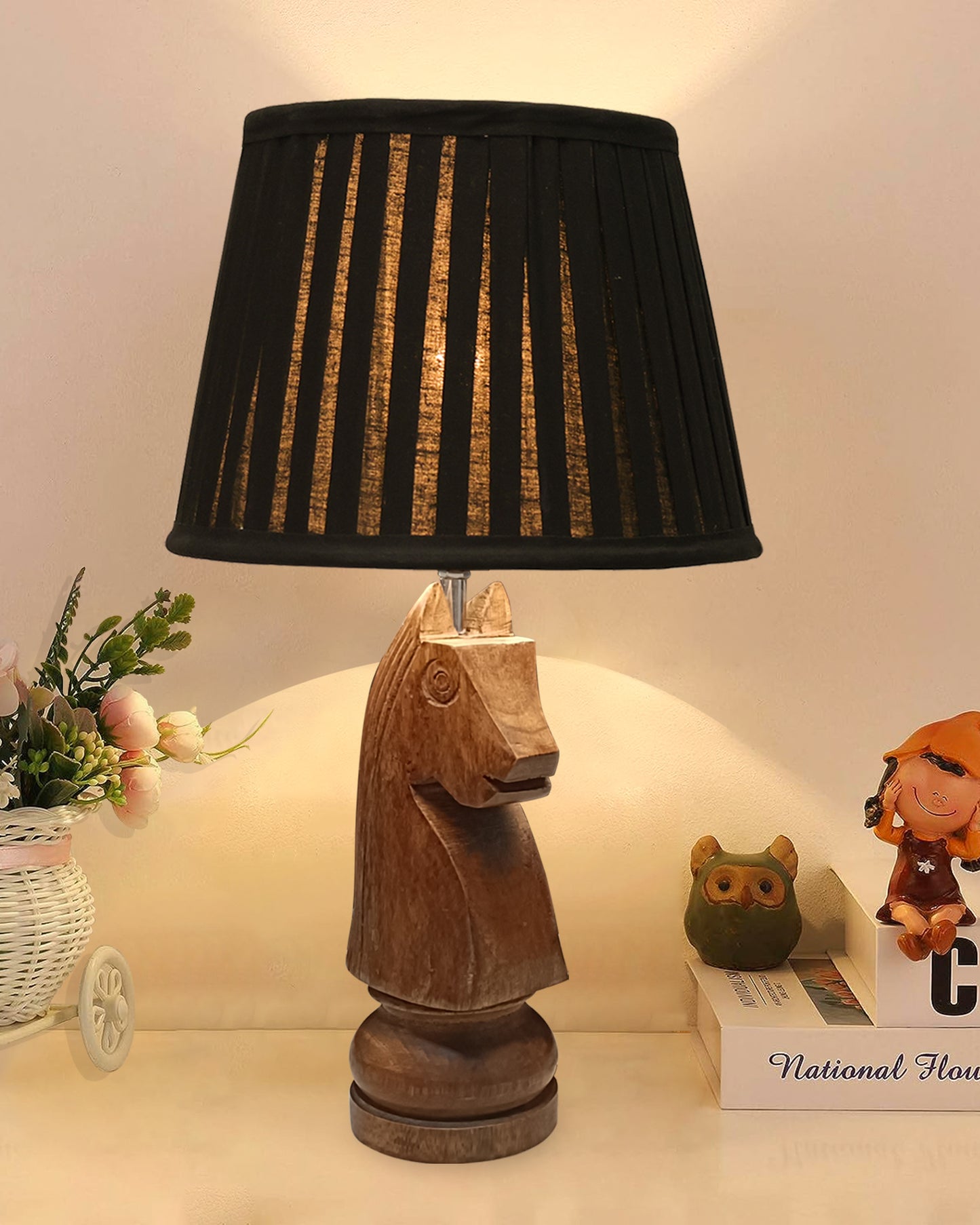 Chess Bedside Table Desk Lamp Rustic Wood Base Fabric Shade for Décor, Accent Light, Gameroom, Kids', Living Room, Bedroom, Office, Resturant