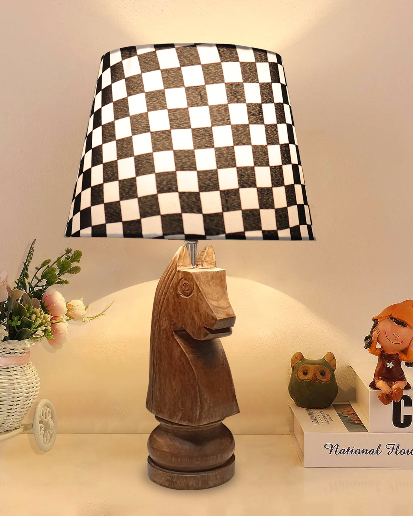 Chess Bedside Table Desk Lamp Rustic Wood Base Fabric Shade for Décor, Accent Light, Gameroom, Kids', Living Room, Bedroom, Office, Resturant
