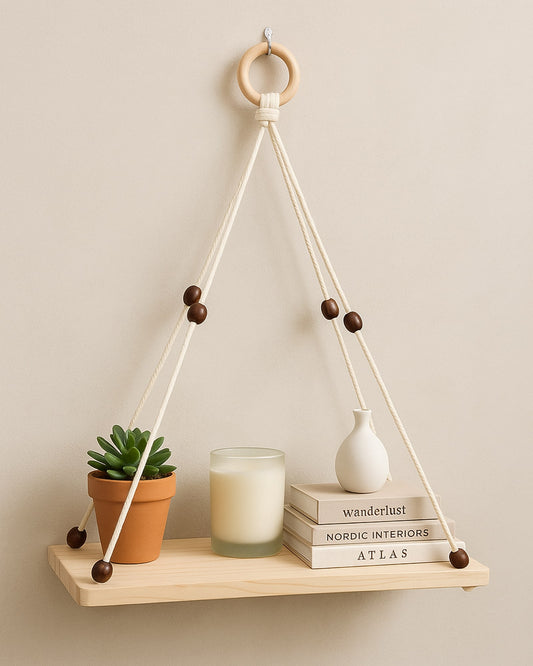 Wooden Wall Hanging Shelves ,Macrame Hanging Plant Shelf with Tassel,Boho Storage Floating Shelves Handmade Rustic Hanger Planter Rack Pot Stand Holder