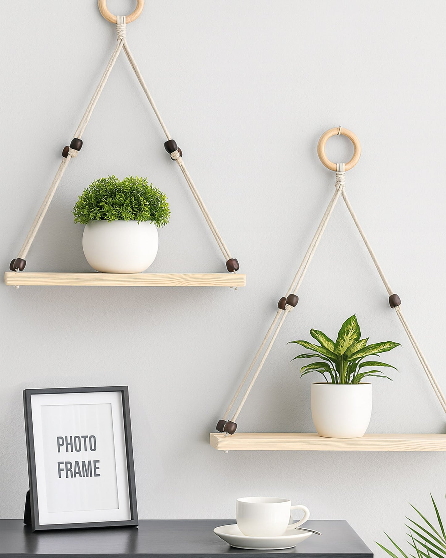 Wooden Wall Hanging Shelves ,Macrame Hanging Plant Shelf with Tassel,Boho Storage Floating Shelves Handmade Rustic Hanger Planter Rack Pot Stand Holder