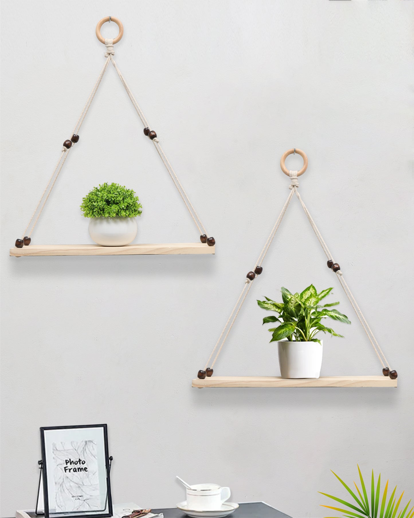 Wooden Wall Hanging Shelves ,Macrame Hanging Plant Shelf with Tassel,Boho Storage Floating Shelves Handmade Rustic Hanger Planter Rack Pot Stand Holder