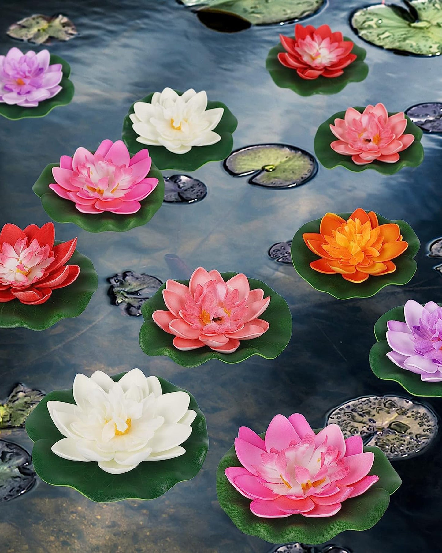 Artificial Floating Foam Lotus Flower with Water Lily Pad, Lifelike Ornanment Perfect for Home Garden Pond Decoration Puja , 10 cm, set of 6