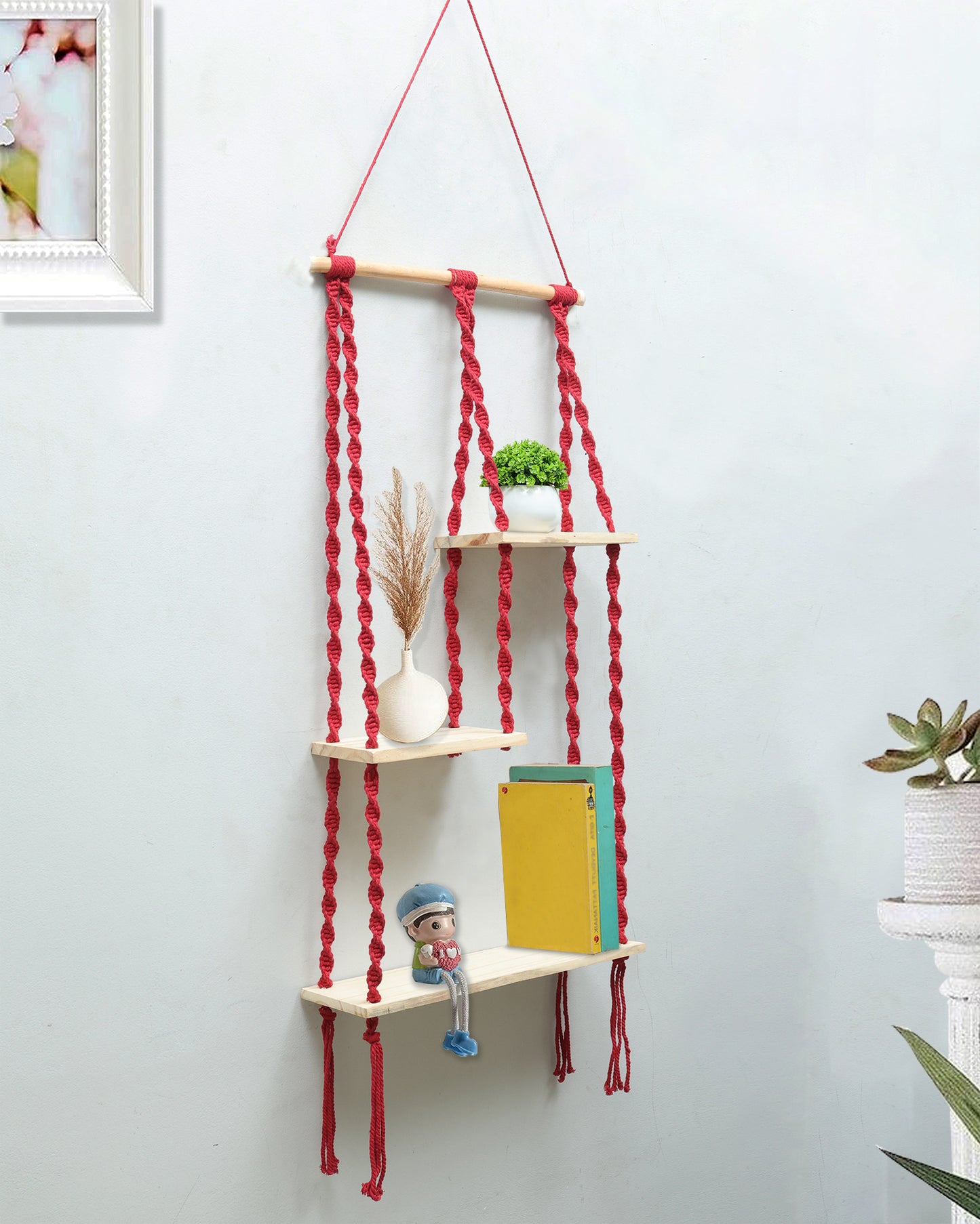 Macrame Hanging Shelf, Pine Wood Wall Shelves with Handmade Woven Hanger, 3 Tier Rope Floating Shelf for Photo Frames, Small Plants, Boho Home Decor Kitchen, Bathroom,Balcony, Home Storage