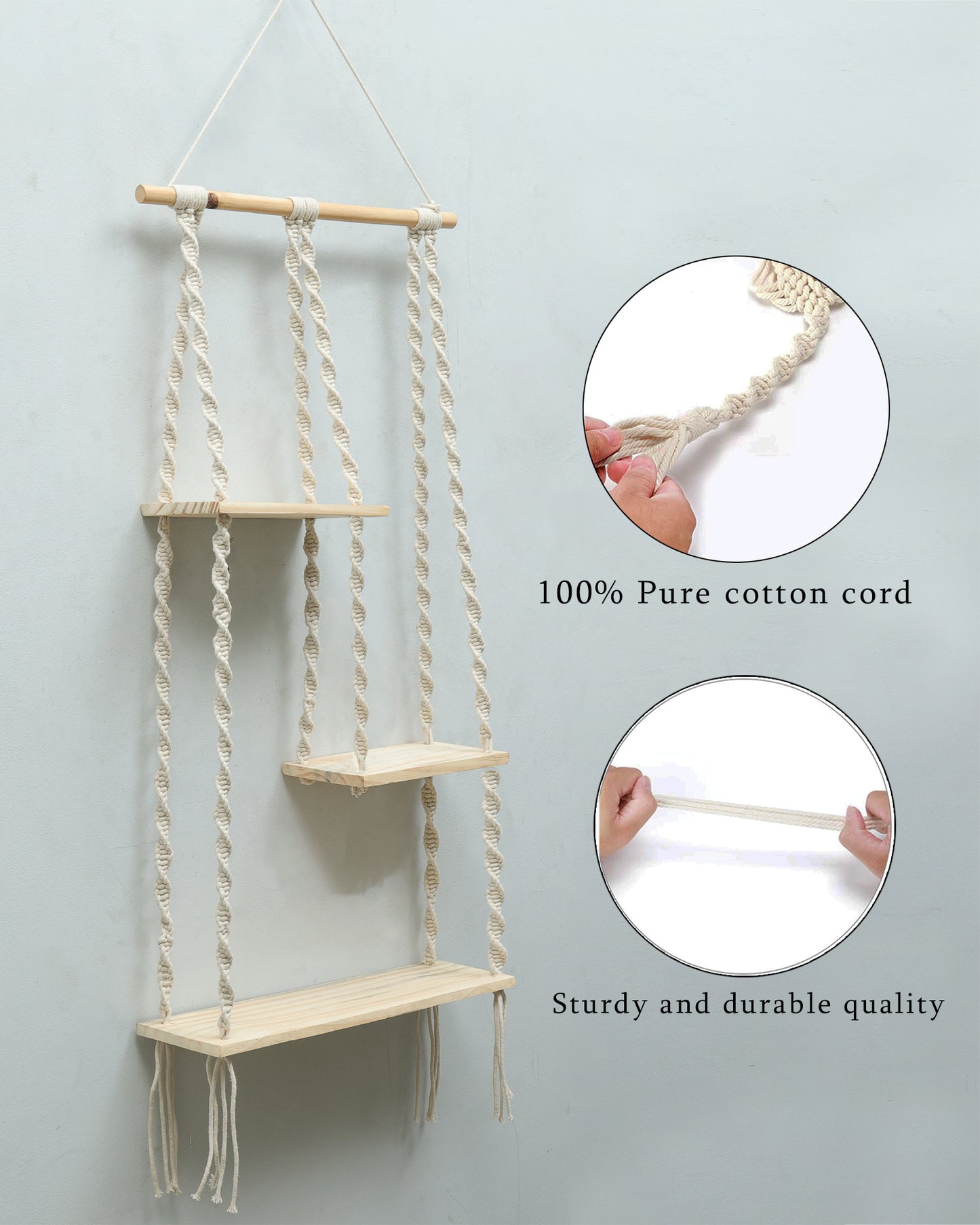 Macrame Hanging Shelf, Pine Wood Wall Shelves with Handmade Woven Hanger, 3 Tier Rope Floating Shelf for Photo Frames, Small Plants, Boho Home Decor Kitchen, Bathroom,Balcony, Home Storage