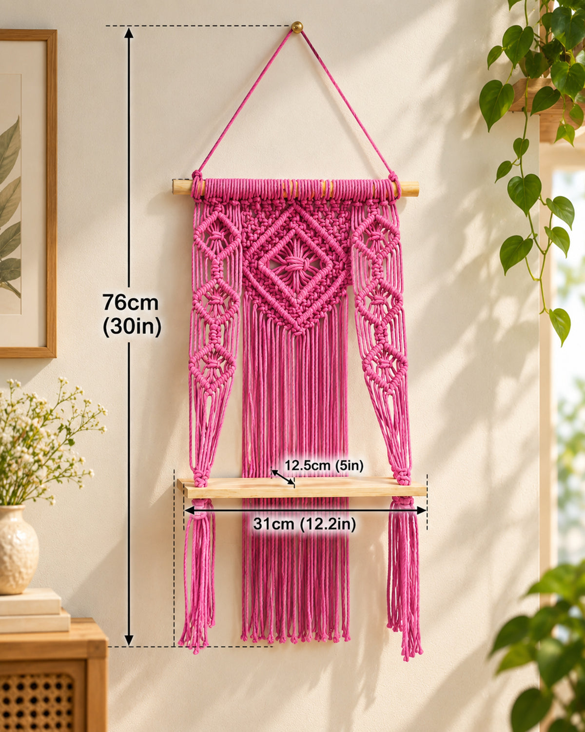 Macrame Wall Hanging Shelf Boho Decor Pine Wood Floating Shelf for Bedroom Living Room Nursery Bathroom, Handmade Woven Rope Storage Rack for Photo Frames Plant Display, Butterfly