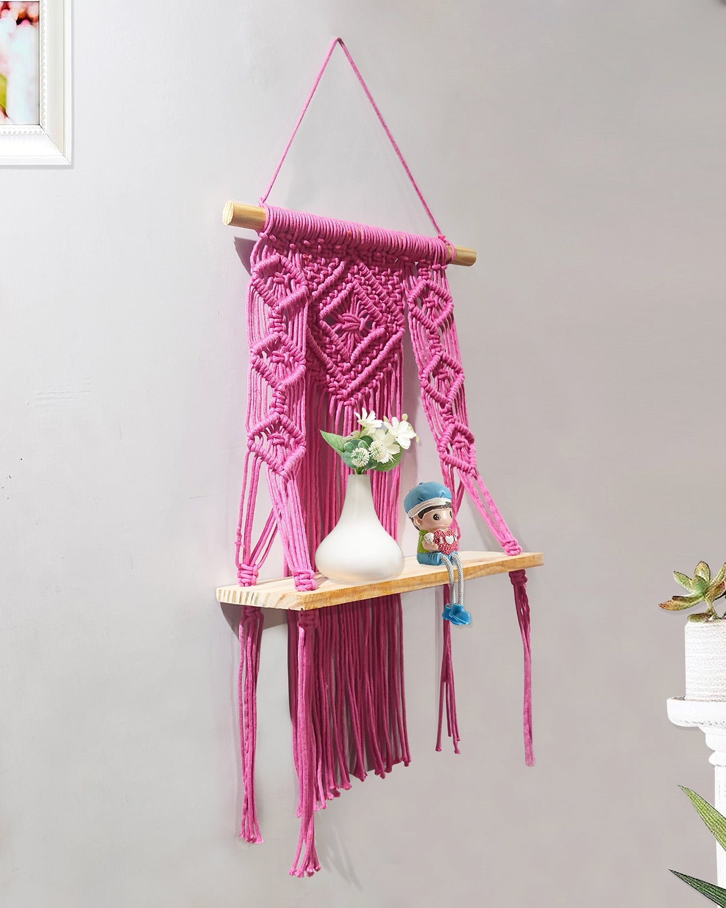 Macrame Wall Hanging Shelf Boho Decor Pine Wood Floating Shelf for Bedroom Living Room Nursery Bathroom, Handmade Woven Rope Storage Rack for Photo Frames Plant Display, Butterfly