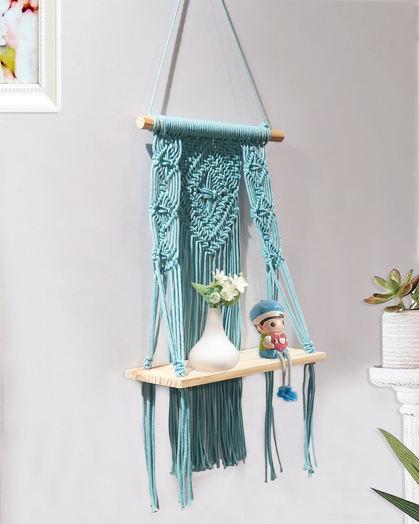 Macrame Wall Hanging Shelf Boho Decor Pine Wood Floating Shelf for Bedroom Living Room Nursery Bathroom, Handmade Woven Rope Storage Rack for Photo Frames Plant Display, Butterfly