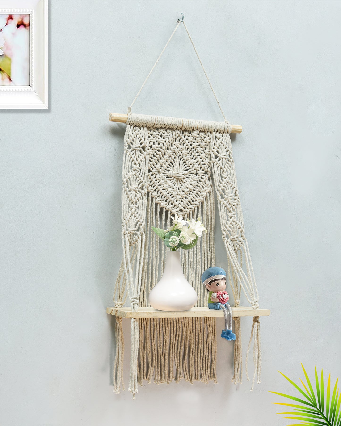 Macrame Wall Hanging Shelf Boho Decor Pine Wood Floating Shelf for Bedroom Living Room Nursery Bathroom, Handmade Woven Rope Storage Rack for Photo Frames Plant Display, Butterfly