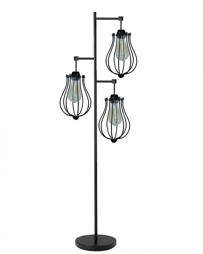 Industrial Tree Floor Lamps for Living Room, Standing Lamp with 3 Hanging Oval Cage Shades, 62" Modern Tall Lamps with E27 Socket Pedal Switch for Bedroom Office Home Light Decor, Black