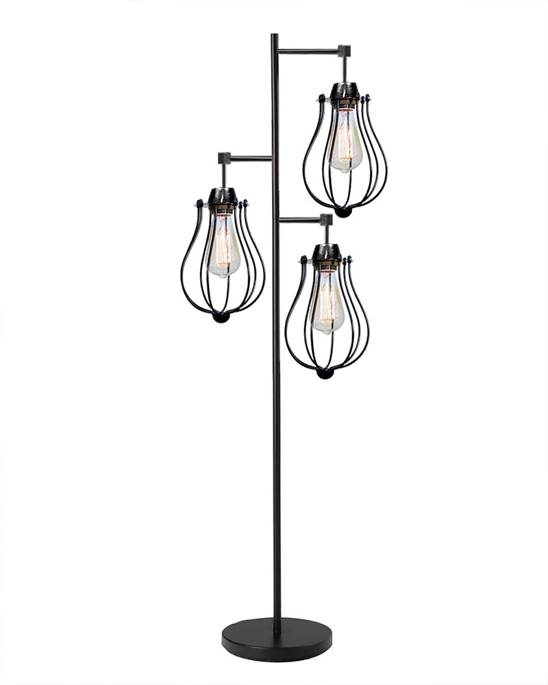 Industrial Tree Floor Lamps for Living Room, Standing Lamp with 3 Hanging Oval Cage Shades, 62" Modern Tall Lamps with E27 Socket Pedal Switch for Bedroom Office Home Light Decor, Black