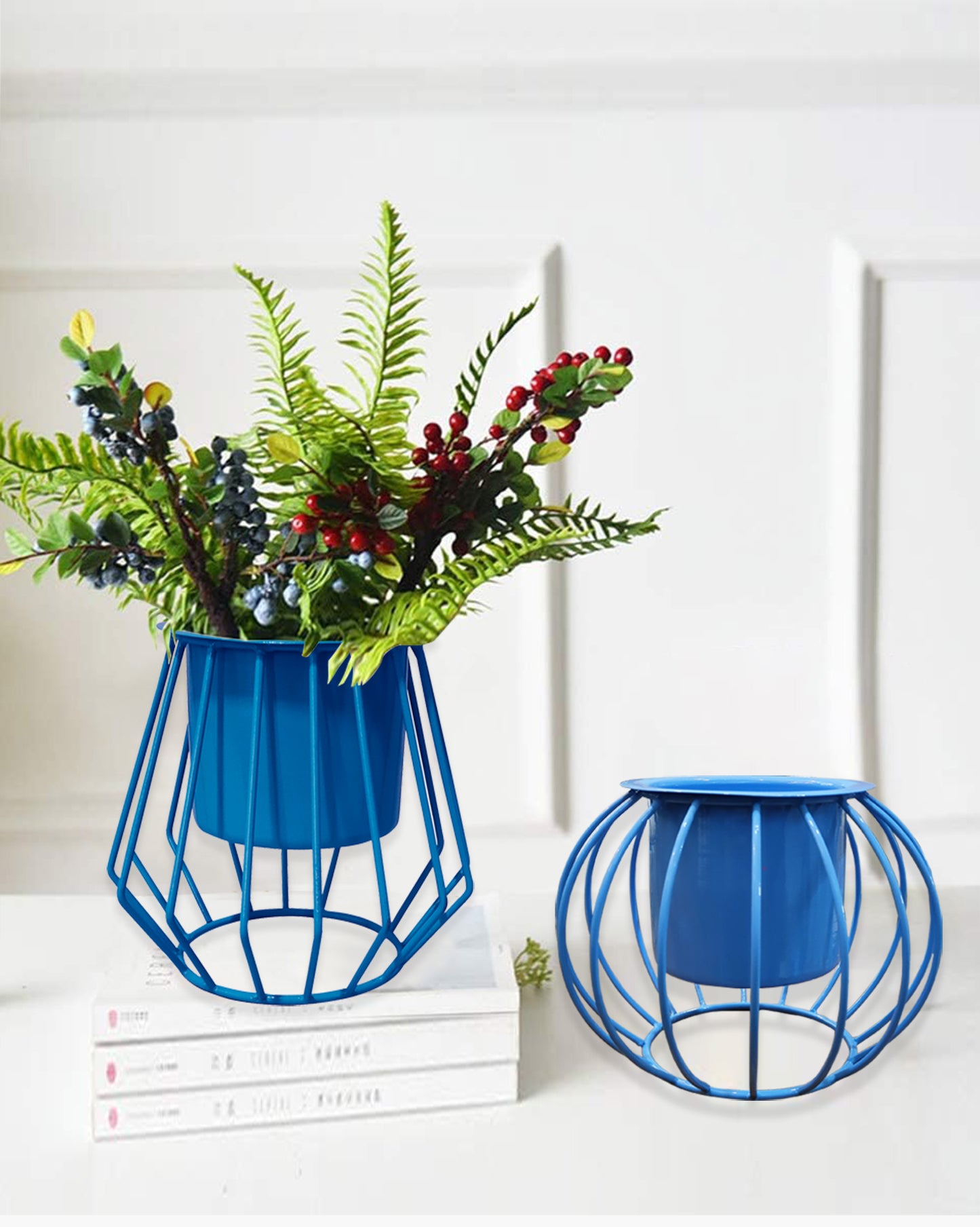 Combo of 2 Table Top Designer Metallic Metal Stand with Planters, Small White Metal Pots for Livingroom, Balcony & Home Decoration, set of 2 Dual
