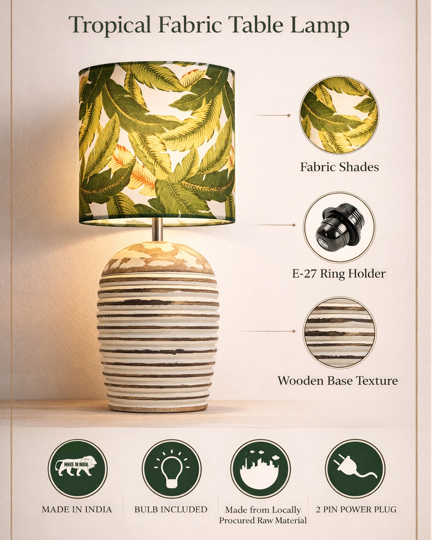 Modern Table Lamp, Wooden Base Modern Fabric Lampshade for Home Office Cafe Restaurant, Ribbed Basket