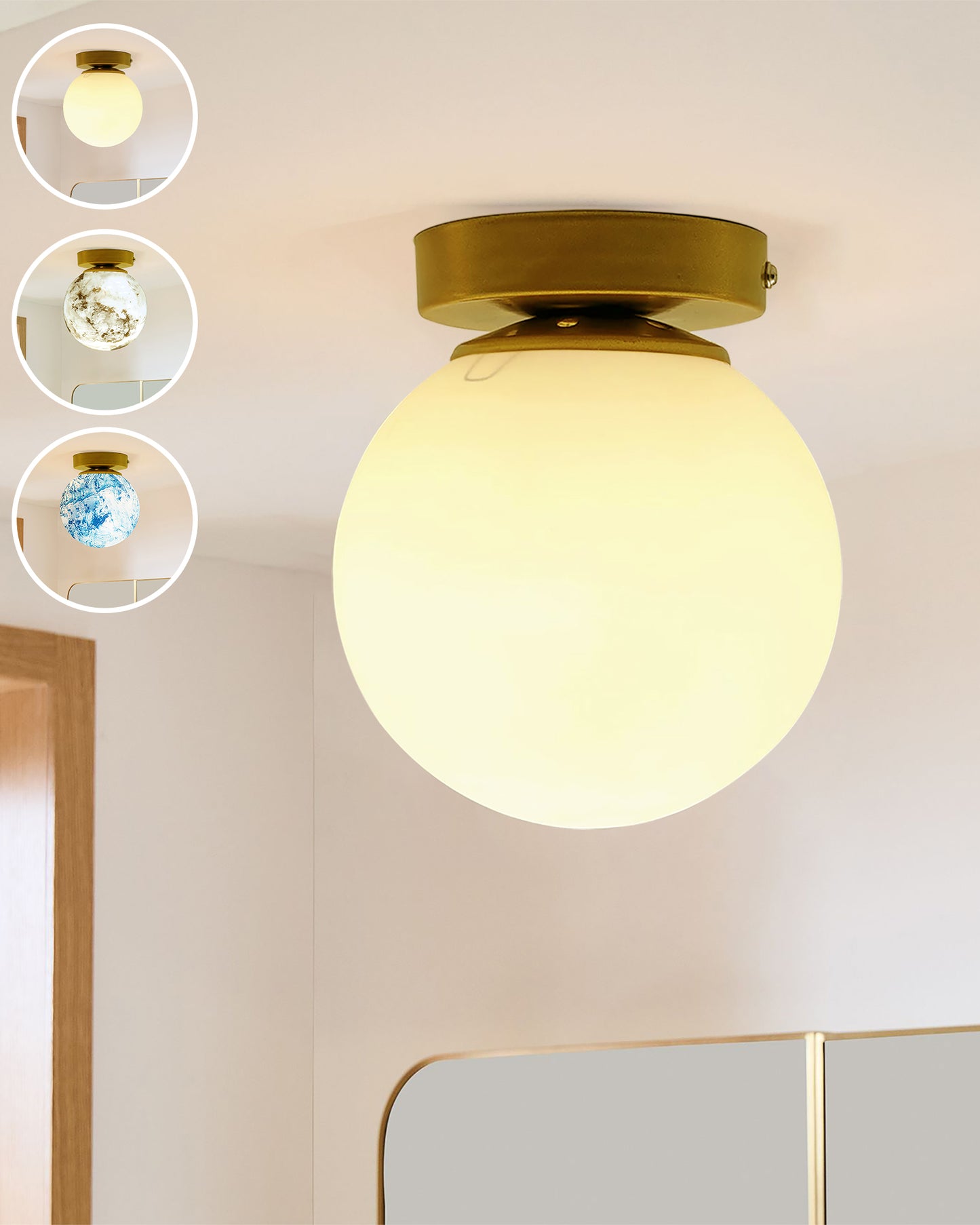 Mid Century Modern Bubble Flush Mount Ceiling Lighting Fixture, Gold Flush Mount Lamp, 6" Glass Globe Shade