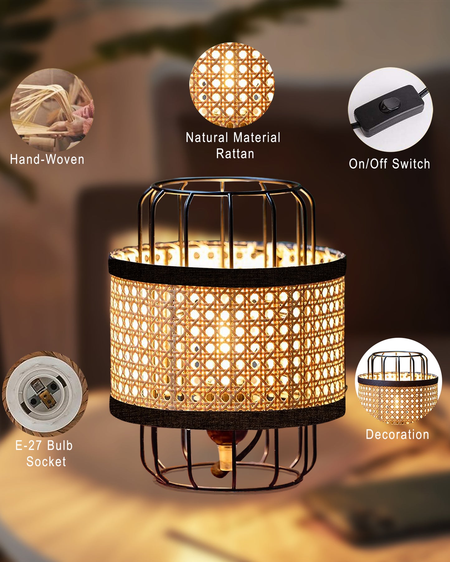 12" Modern Natural Rattan Cane Beige Mesh Webbing Wicker Metal Table lamp Boho Hollowed Out Beside Lamp for Living Room Bedroom Office Study
