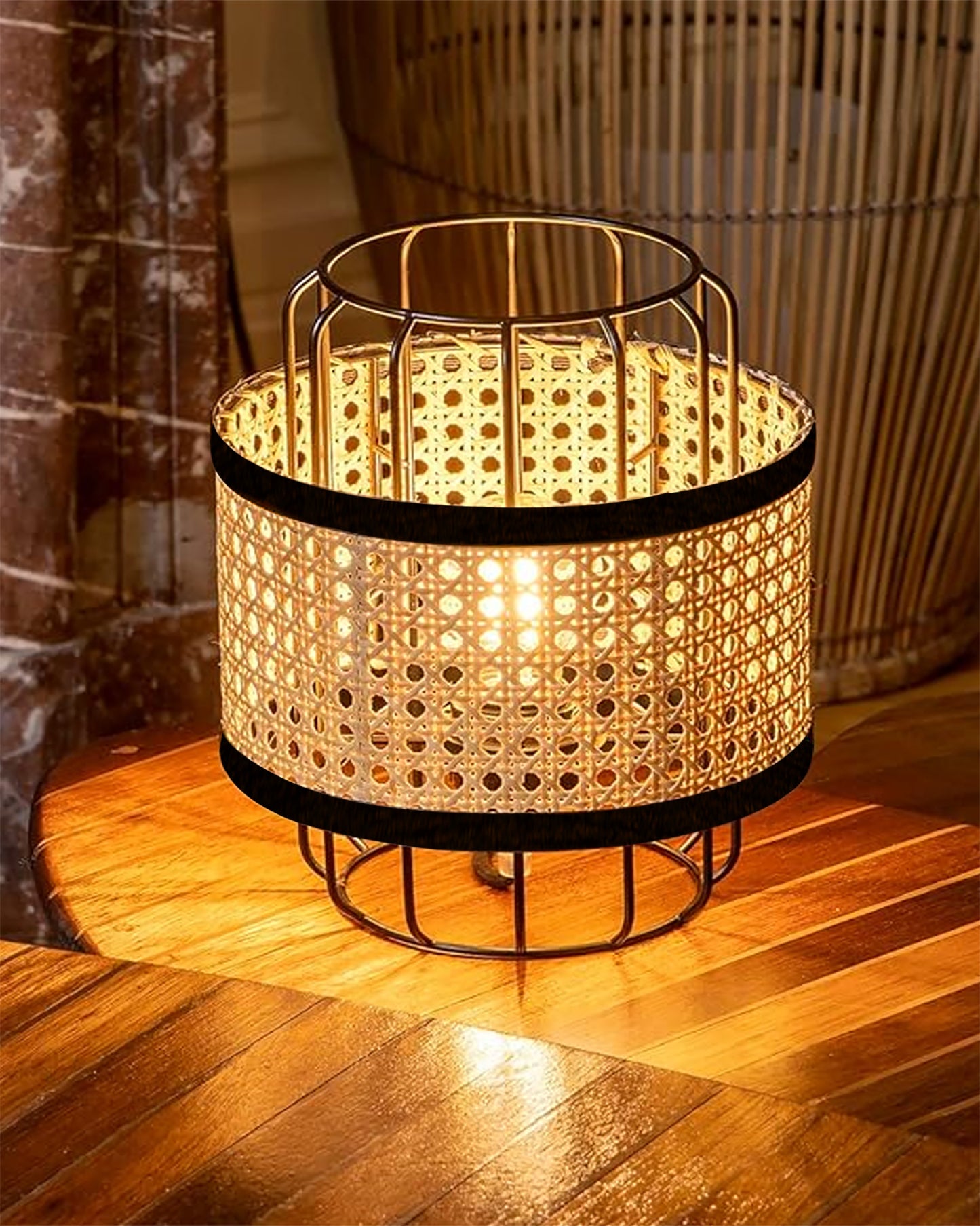 12" Modern Natural Rattan Cane Beige Mesh Webbing Wicker Metal Table lamp Boho Hollowed Out Beside Lamp for Living Room Bedroom Office Study