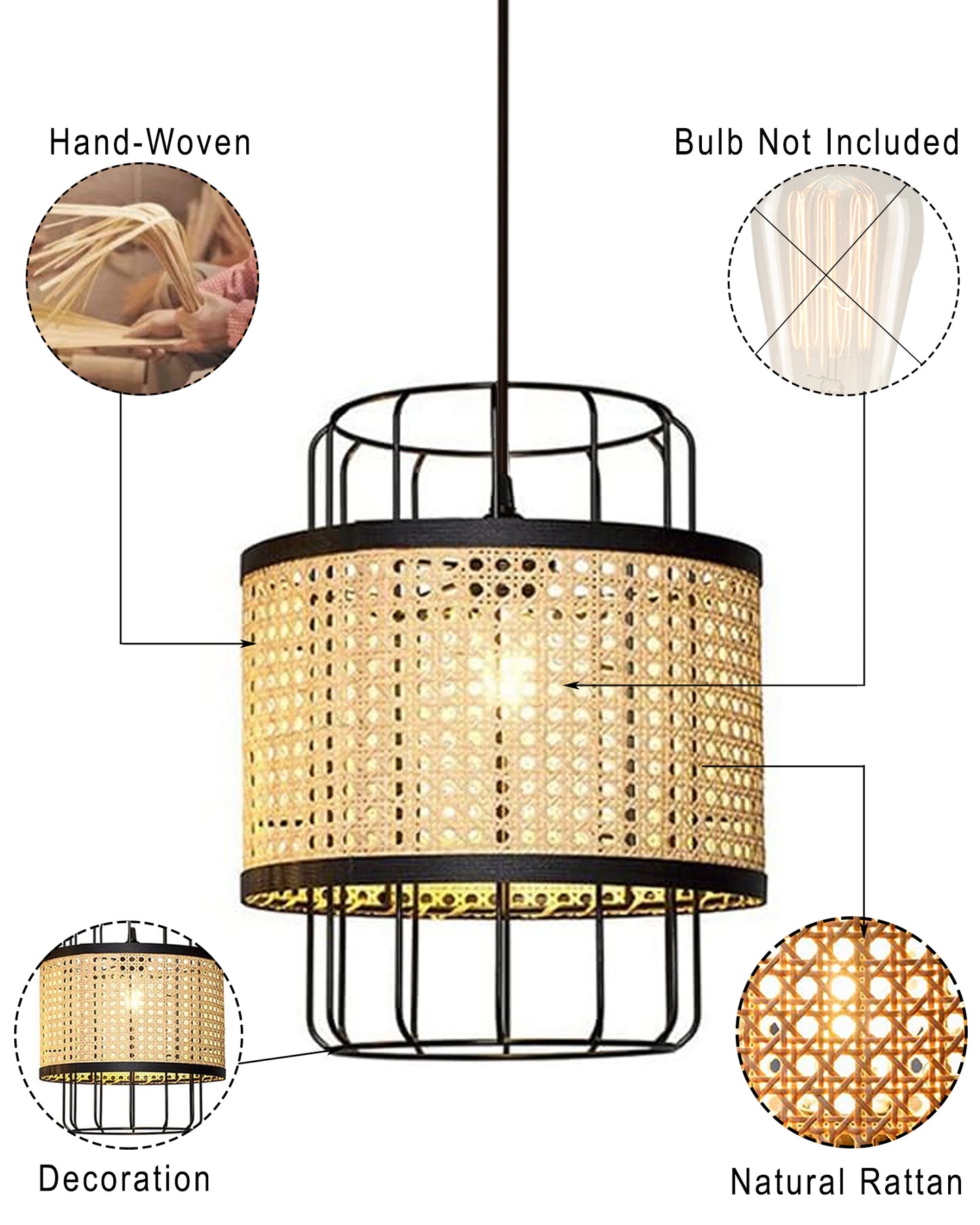 10" Hand Woven Natural Rattan Cane Webbing Wicker Pendant Light Fixtures, Boho Pendant Lights with Rattan Basket Shade for Farmhouse Kitchen Island Dining Room Living Room