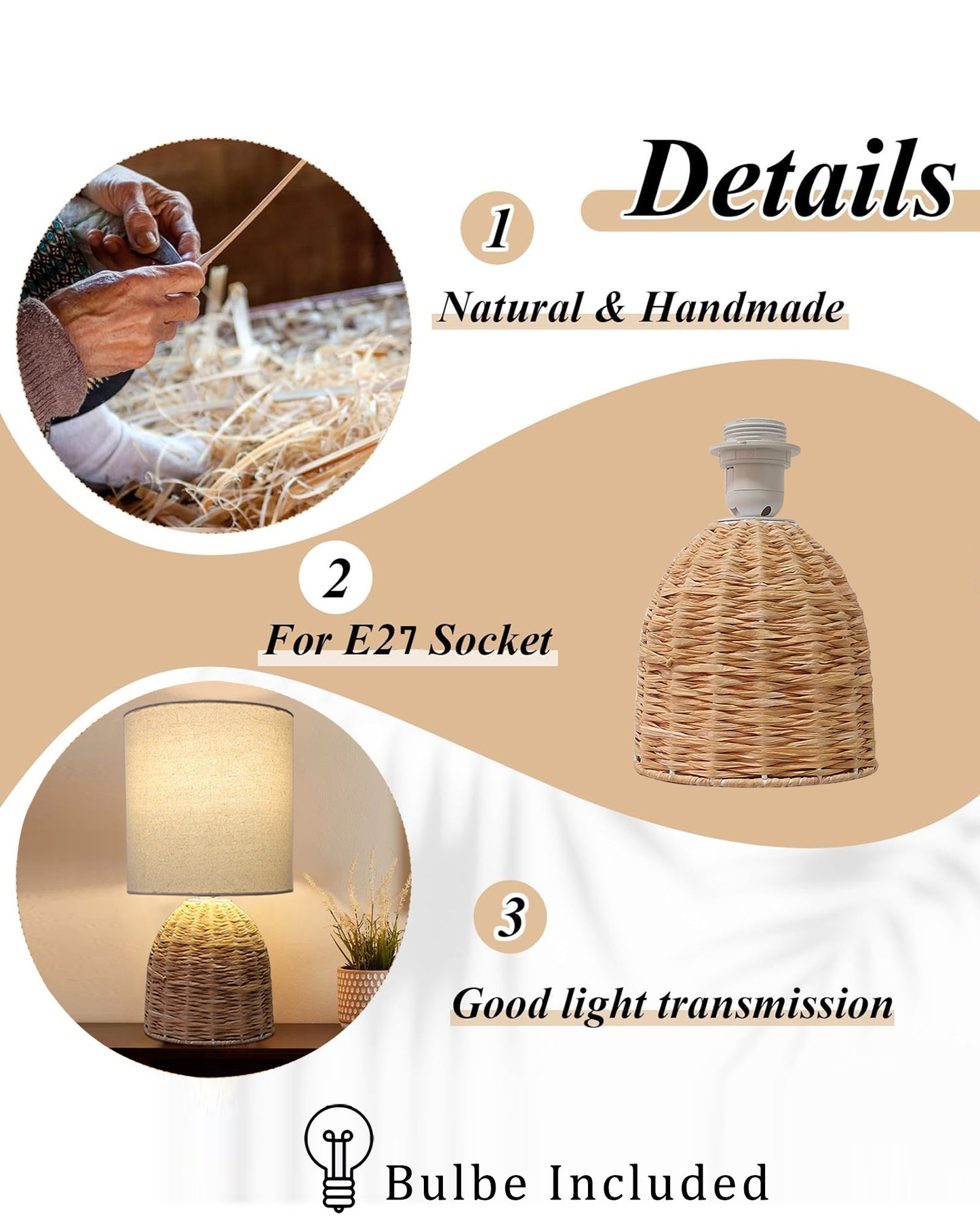 Raffia Rattan Table Lamp, Small Nightstand Lamp with Linen Fabric Lampshade, Desk Lamp Bedside Lamp for Living Room Home Office , Oval