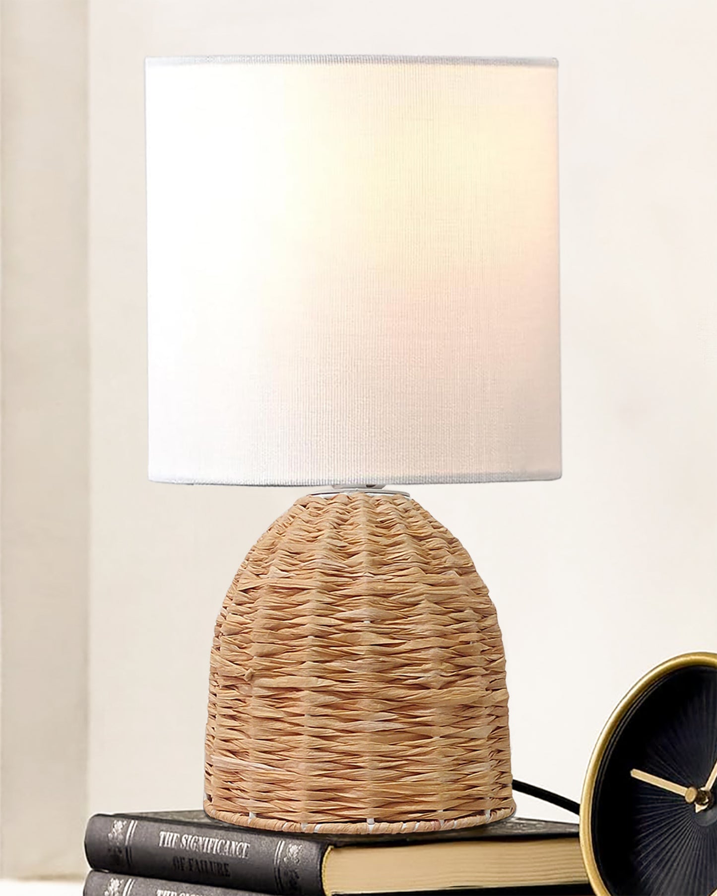 Raffia Rattan Table Lamp, Small Nightstand Lamp with Linen Fabric Lampshade, Desk Lamp Bedside Lamp for Living Room Home Office , Oval