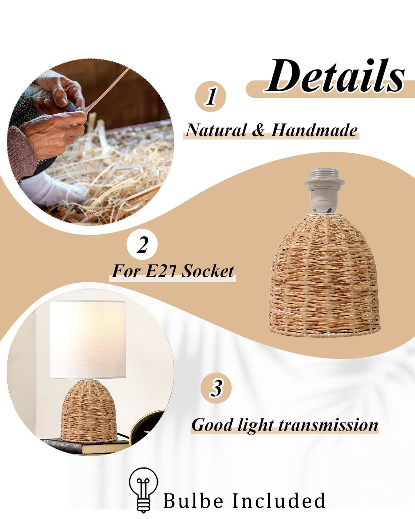 Raffia Rattan Table Lamp, Small Nightstand Lamp with Linen Fabric Lampshade, Desk Lamp Bedside Lamp for Living Room Home Office , Oval