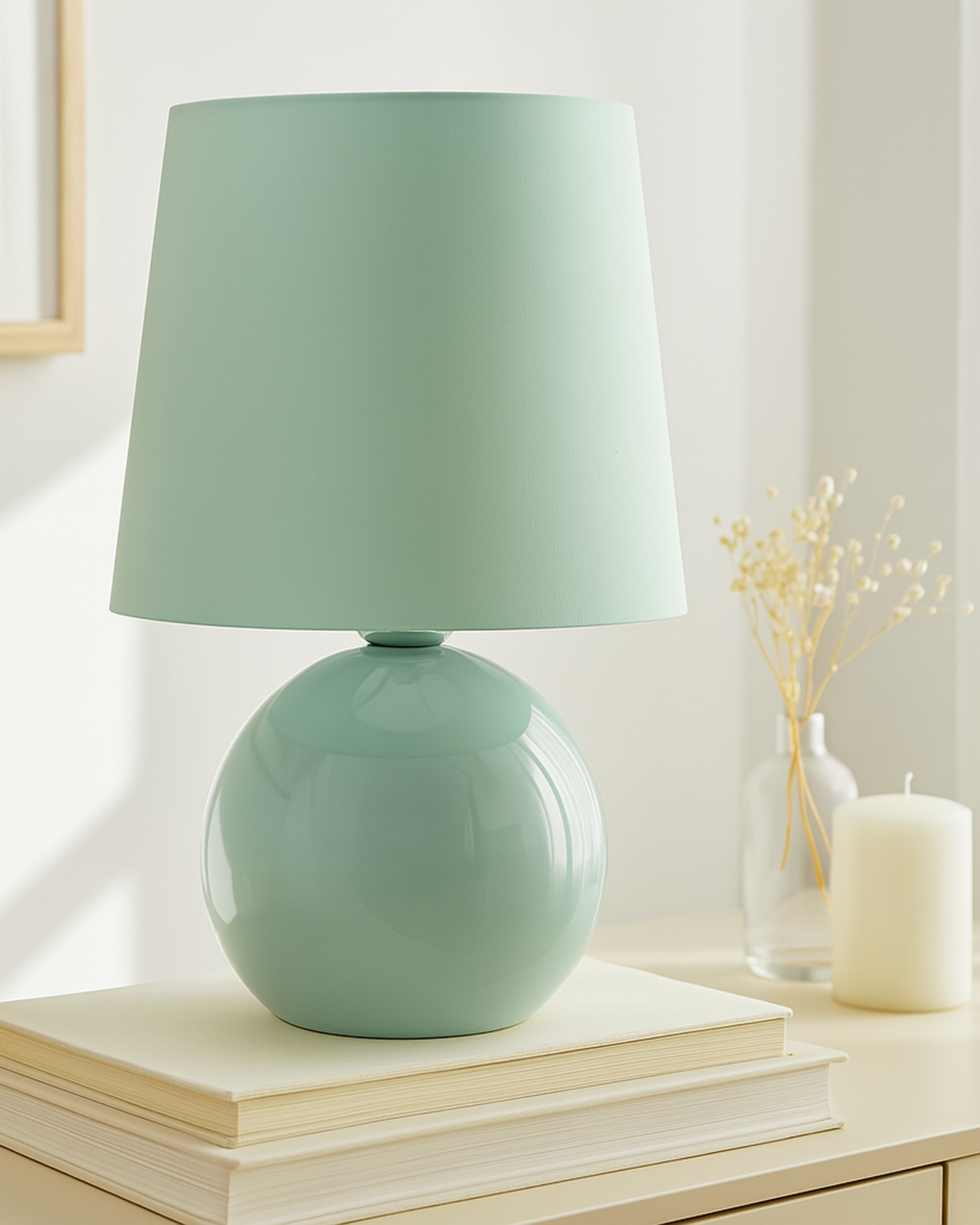 Bedside Ceramic Table Lamp, Classic Desk lamp for Living Room Bedroom, Farmhouse Nightstand Lamps Round with Fabric Shade