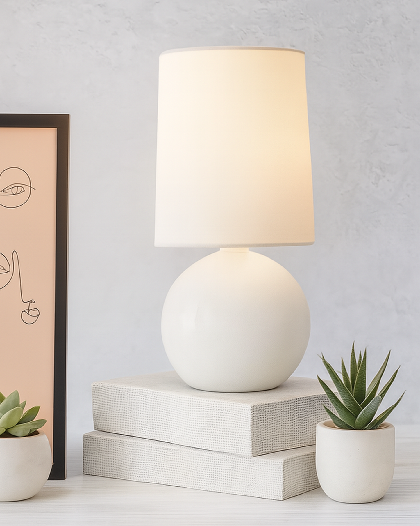 Bedside Ceramic Table Lamp, Classic Desk lamp for Living Room Bedroom, Farmhouse Nightstand Lamps Round with Fabric Shade