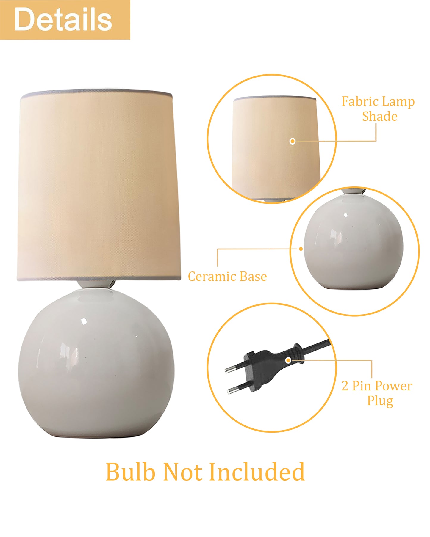 Bedside Ceramic Table Lamp, Classic Desk lamp for Living Room Bedroom, Farmhouse Nightstand Lamps Round witH Fabric Shade