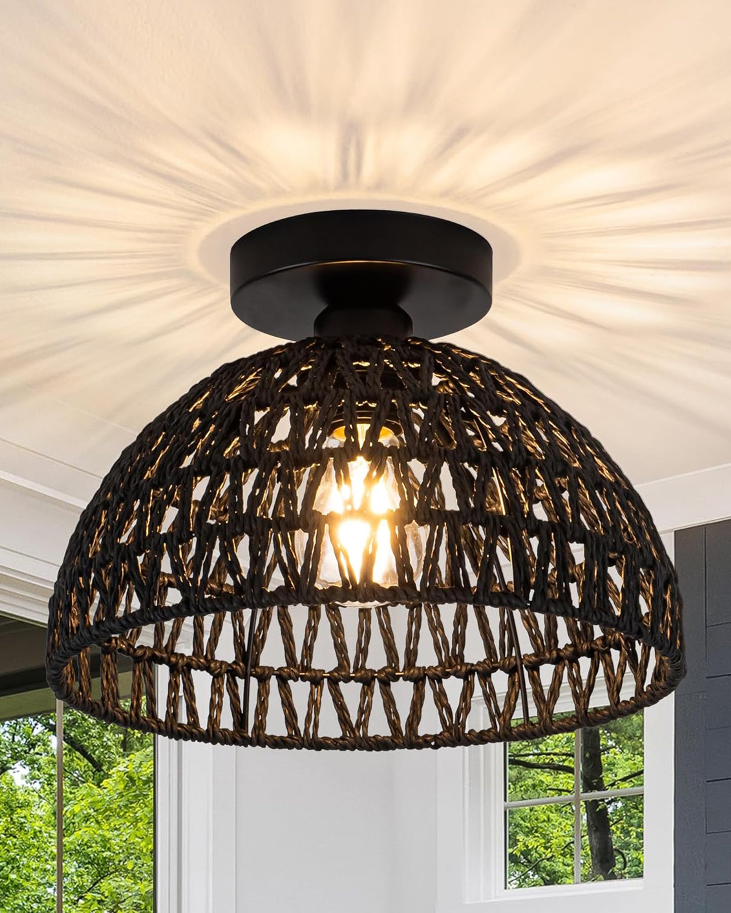 Rattan Light Fixtures Ceiling Light, Handmade Woven Cage Boho Light Fixture 11" Semi Flush Mount Light Fixture Coastal Ceiling Light for Hallway Kitchen Entryway Farmhouse Living Room
