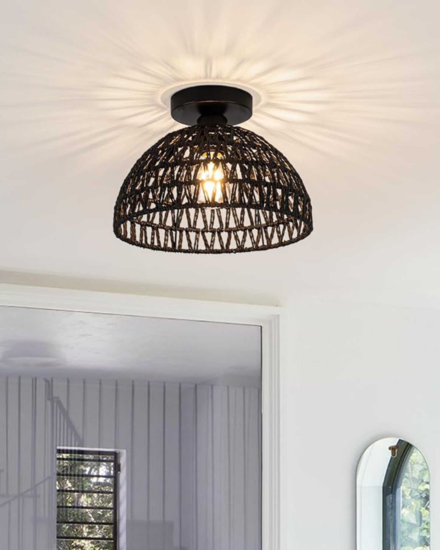 Rattan Light Fixtures Ceiling Light, Handmade Woven Cage Boho Light Fixture 11" Semi Flush Mount Light Fixture Coastal Ceiling Light for Hallway Kitchen Entryway Farmhouse Living Room