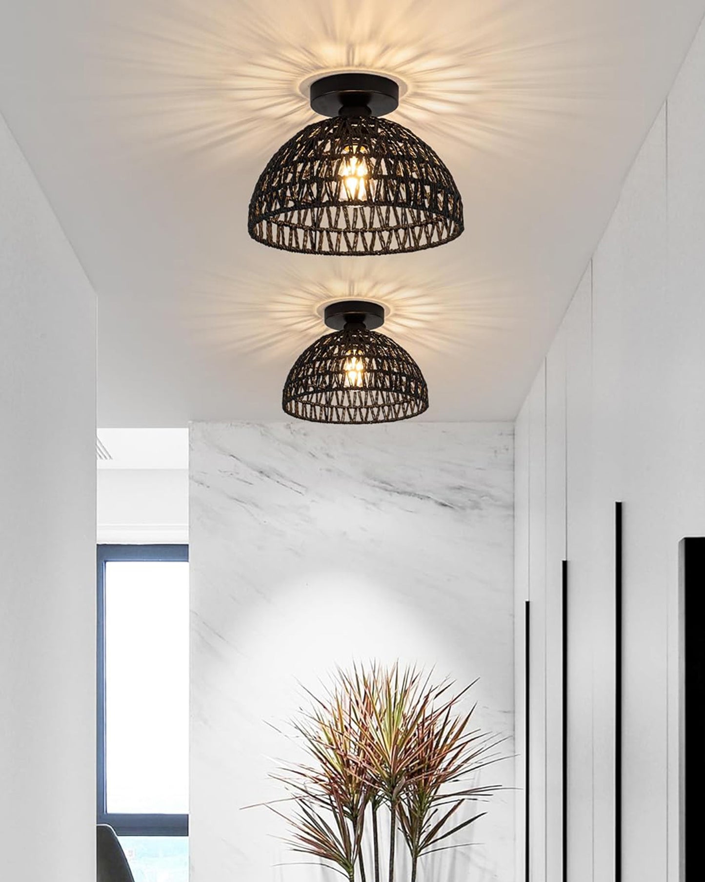 Rattan Light Fixtures Ceiling Light, Handmade Woven Cage Boho Light Fixture 11" Semi Flush Mount Light Fixture Coastal Ceiling Light for Hallway Kitchen Entryway Farmhouse Living Room